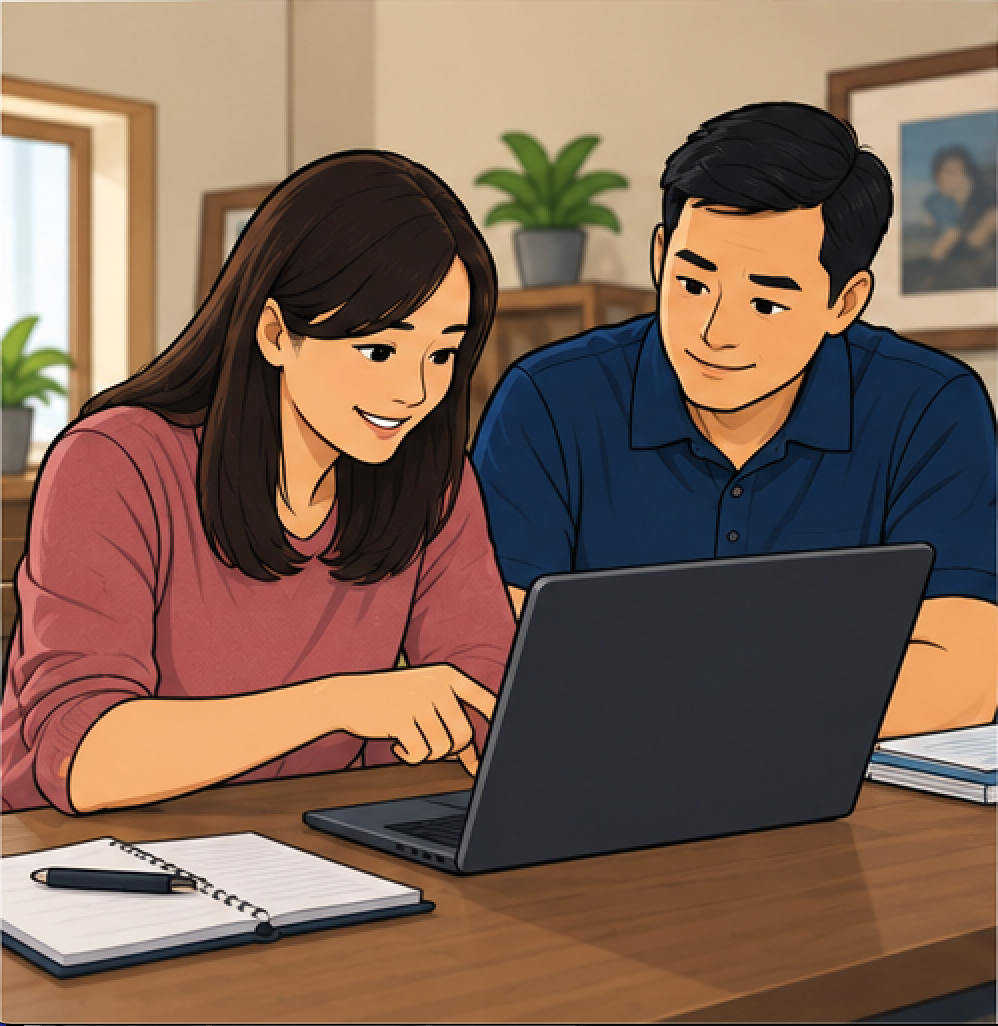 Mother and son look at a laptop while father watches thoughtfully; notebooks and pen on the table.